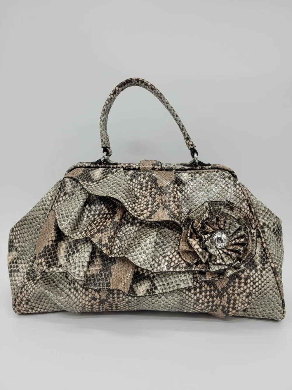 Nicole Miller Faux Snakeskin Top Handle Bag Ruffle Beige Black Python Y2K Purse
